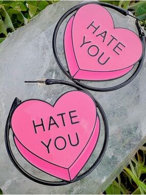 Pink 'HATE YOU' Heart Hoop Earrings